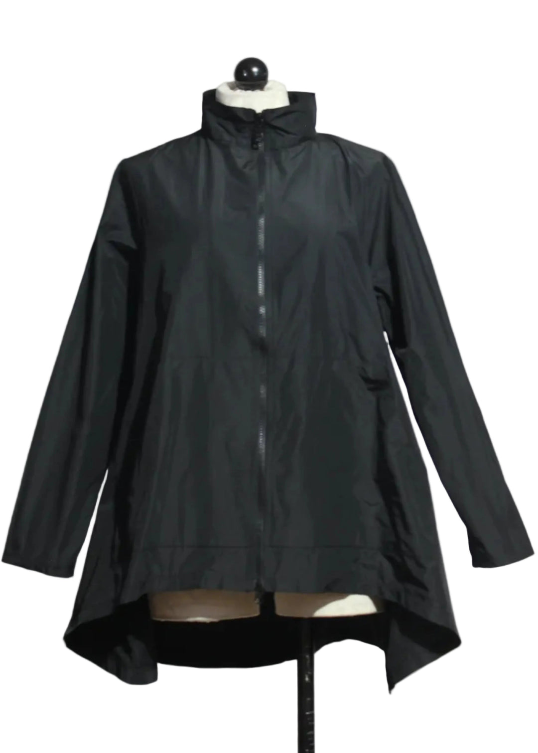 The black Jane Jacket by Kozan in a flared hi-lo body with a two-way zip up front