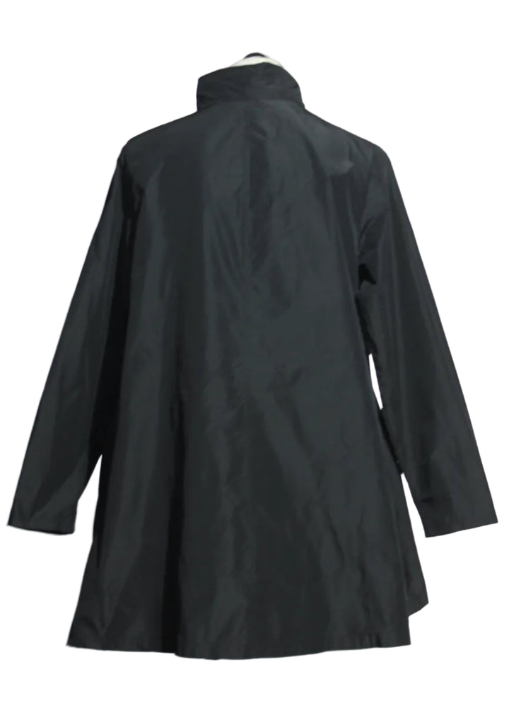 back view of The black Jane Jacket by Kozan in a flared hi-lo body with a two-way zip up front