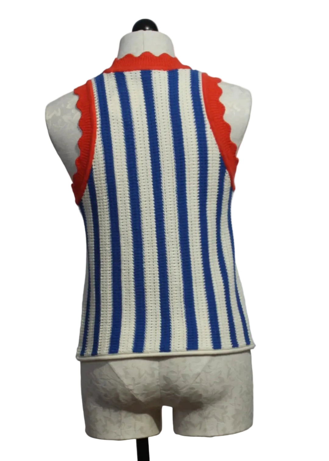 back view of Sleeveless Azul Top by Melissa Nepton in bright blue and white vertical stripes  and bright red scalloped neckline and armholes