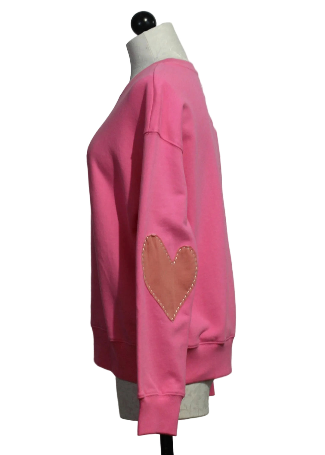 side view of Palm Pink Ex-Boyfriend Patchwork Sweatshirt by Kerri Rosenthal with Orange Imperfect Heart Elbow Patches