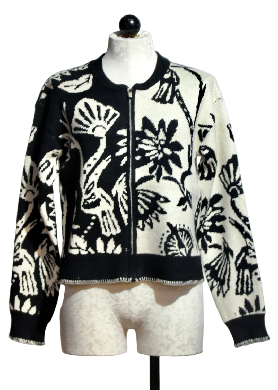 Half and Half Black and White Floral Zip Front Cardigan by Nikky