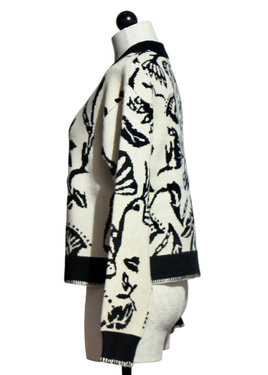 Side view of Half and Half Black and White Floral Zip Front Cardigan by Nikky