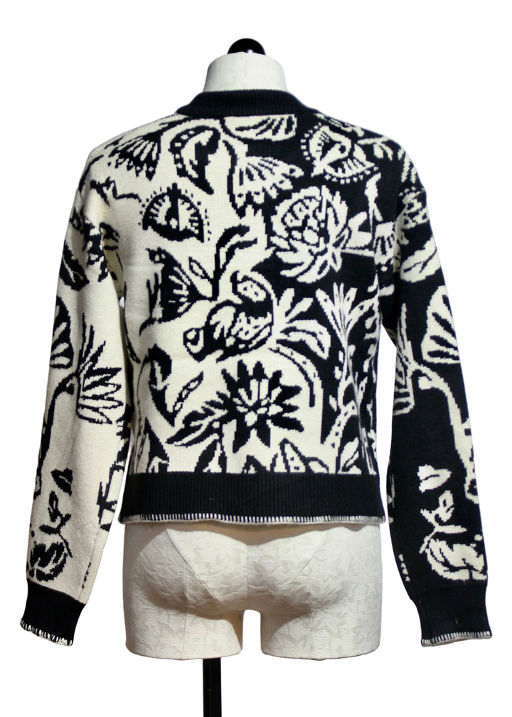 Back view of Half and Half Black and White Floral Zip Front Cardigan by Nikky