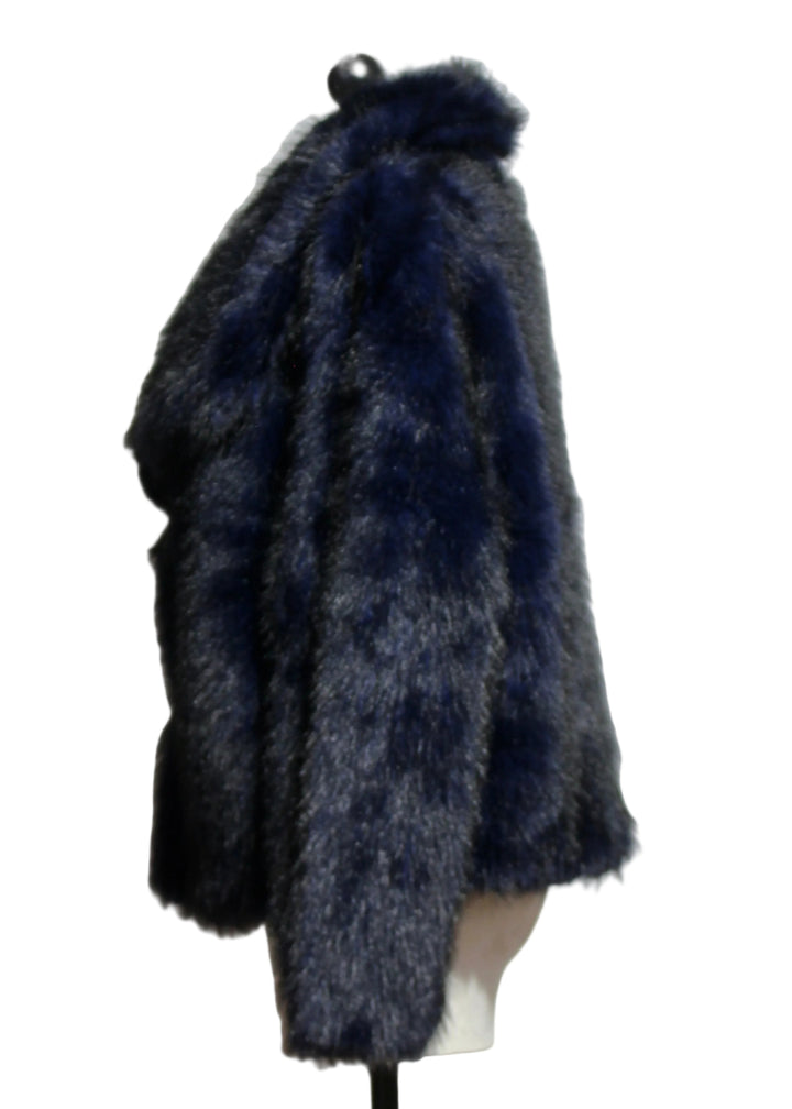 Side view of The Short Navy Faux Fur Jacket by Nikky 