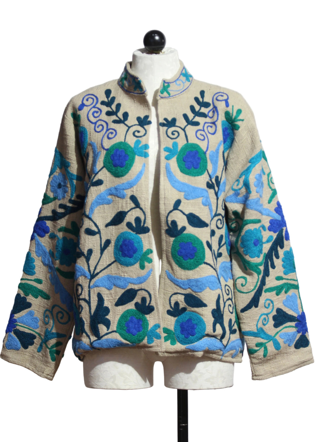 Natural/Blue Woven Embroidered Floral Jacket by Nikky