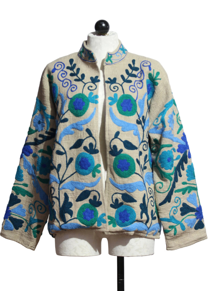 Natural/Blue Woven Embroidered Floral Jacket by Nikky