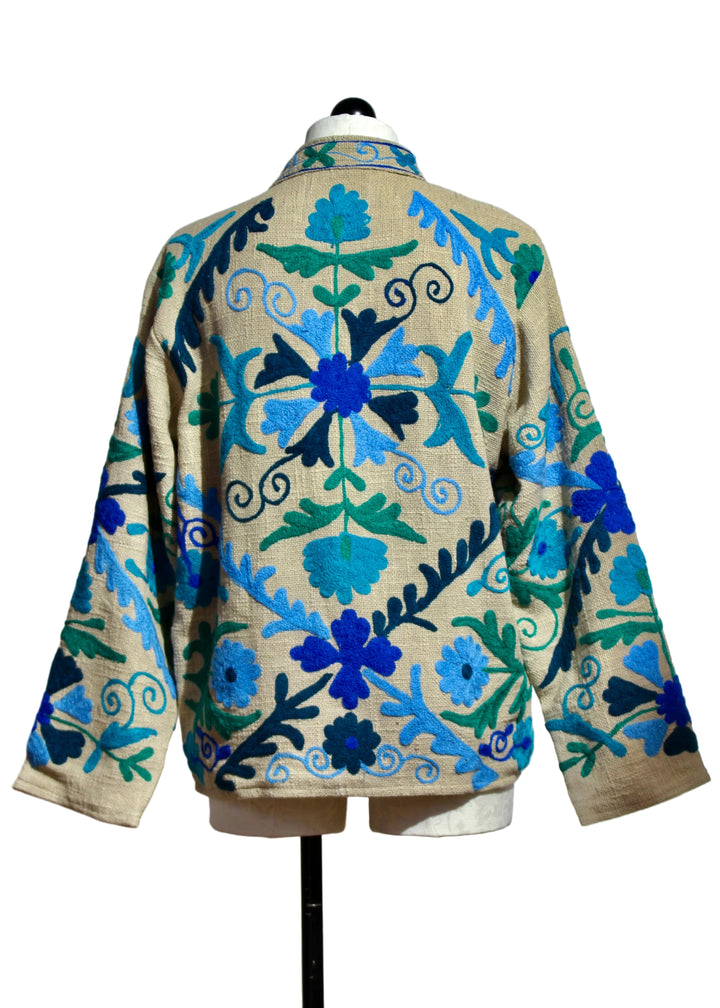 Back view of Natural/Blue Woven Embroidered Floral Jacket by Nikky