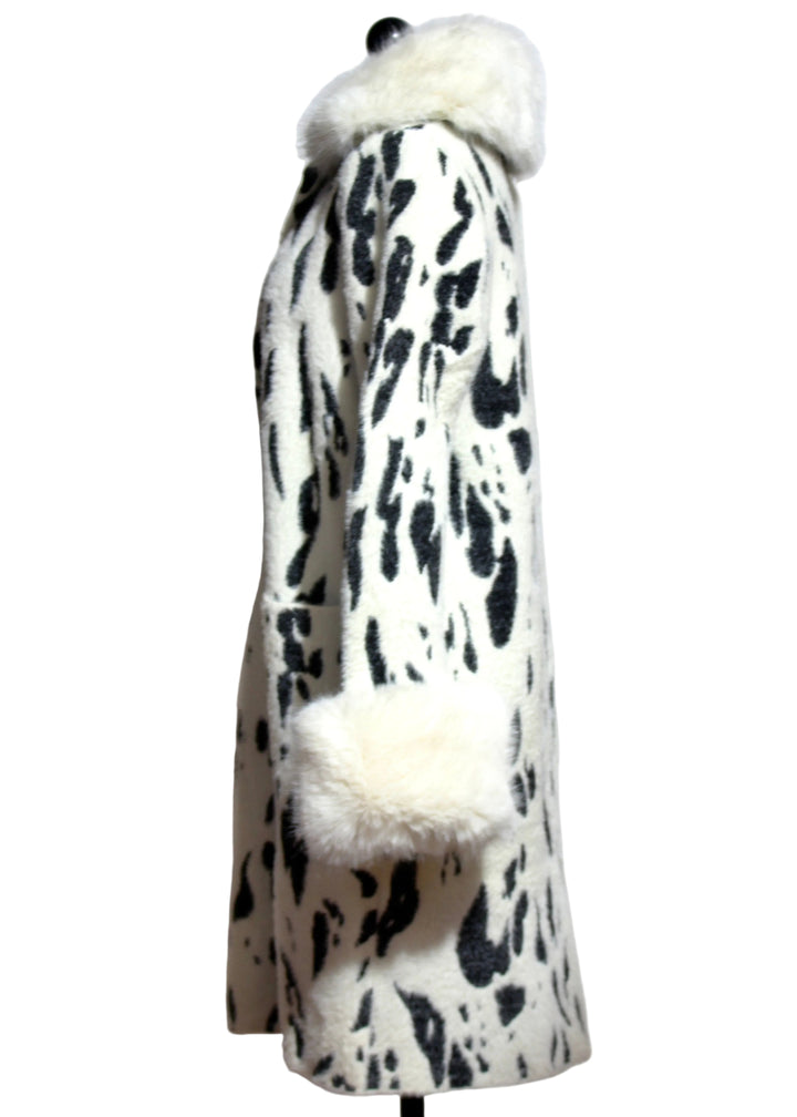 side view of The Black and White Dalmation Print Faux Fur Jacket by Nikky 