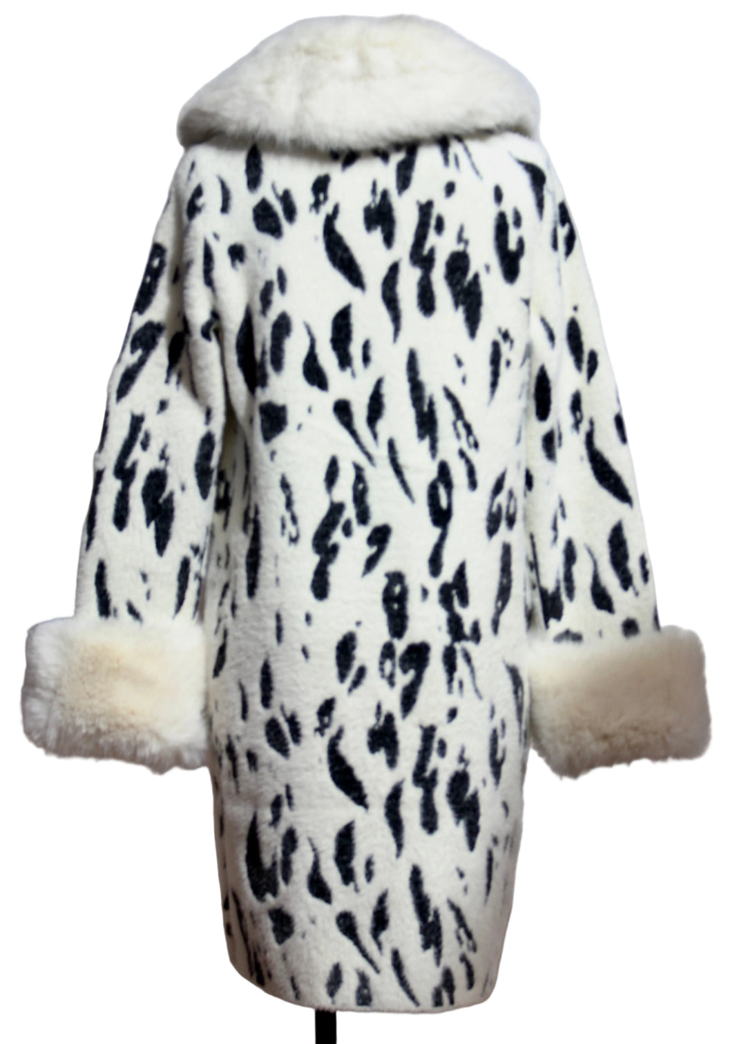 back view of The Black and White Dalmation Print Faux Fur Jacket by Nikky 