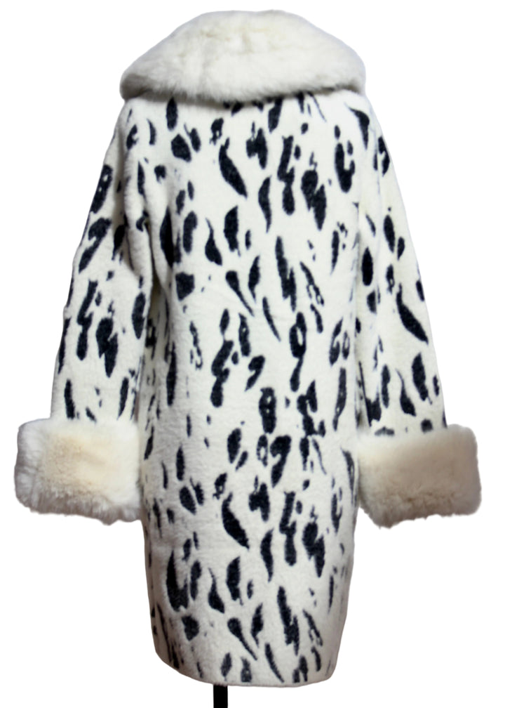 back view of The Black and White Dalmation Print Faux Fur Jacket by Nikky 