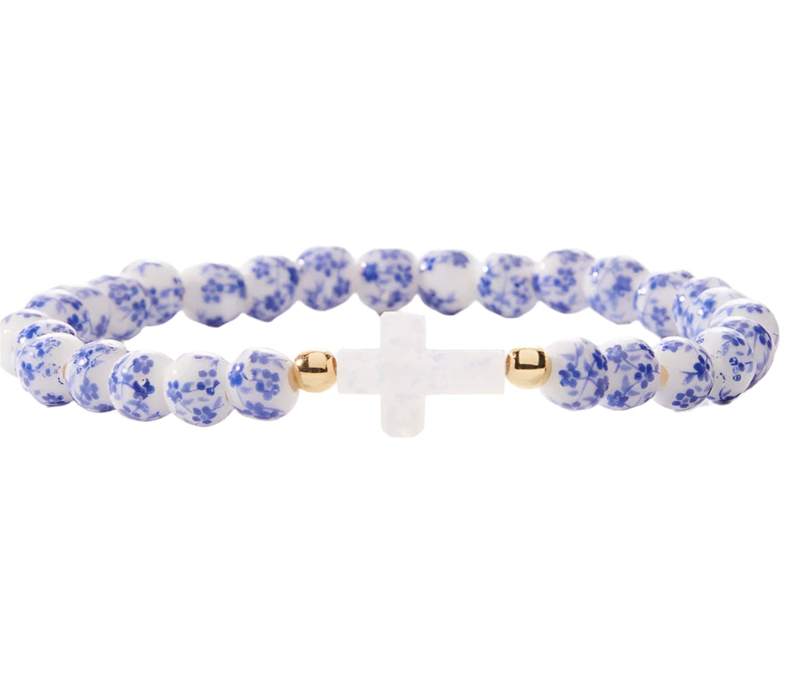 Blue Holy Water Porcelain Cross Bracelet with Gold Spacers by Holy Water Bracelet