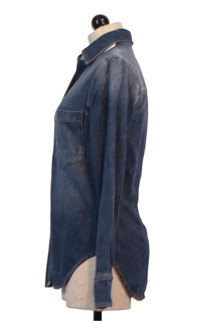 side view of Lapis colored Ines Denim Long Sleeve snap front Shirt by DL1961