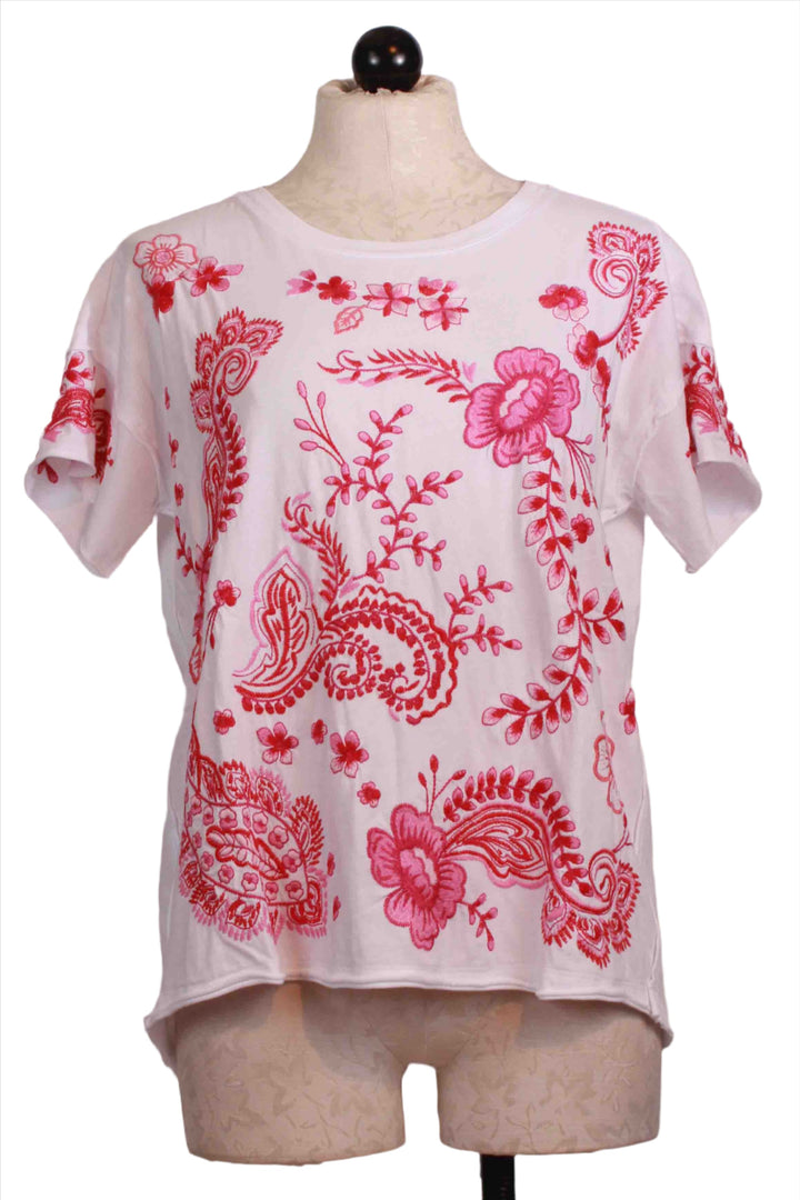 White  Raw Detail Swing Tee by Johnny Was  with red and Pink Embroidery