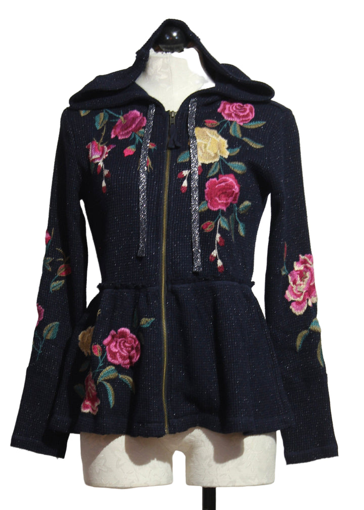 Peplum Metallic Navy Thermal Hoodie by Johnny Was 