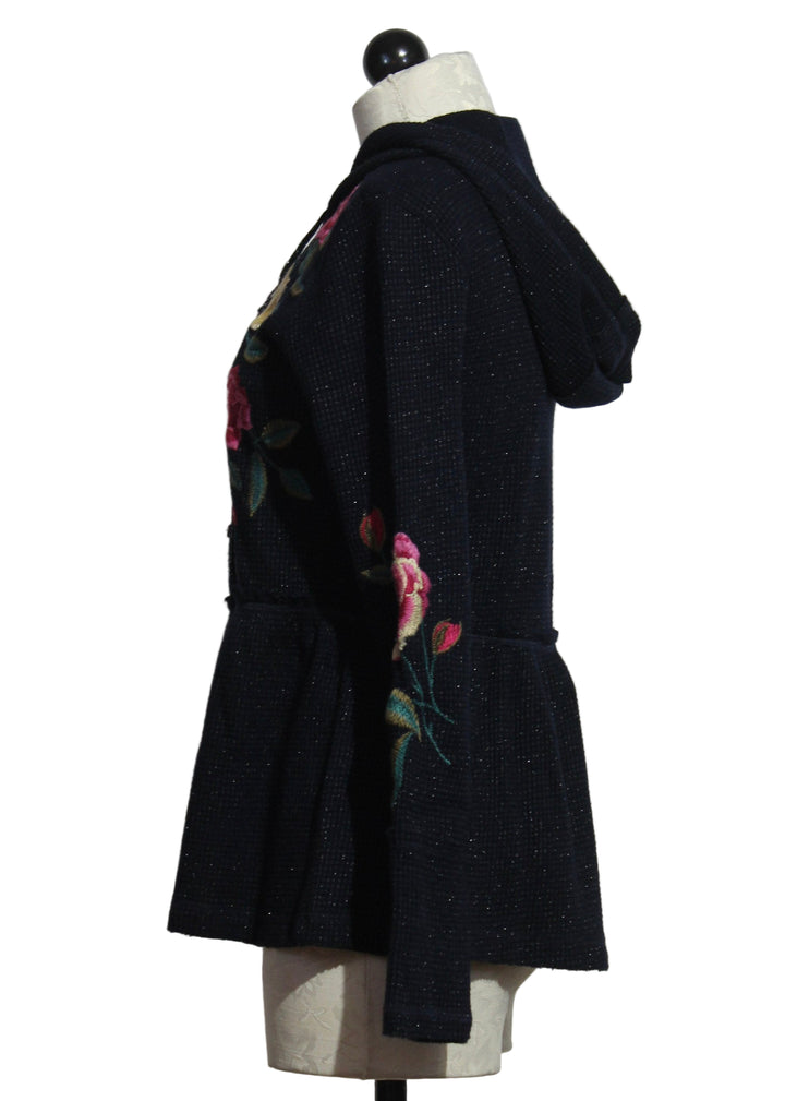 side view of the Peplum Metallic Navy Thermal Hoodie by Johnny Was 