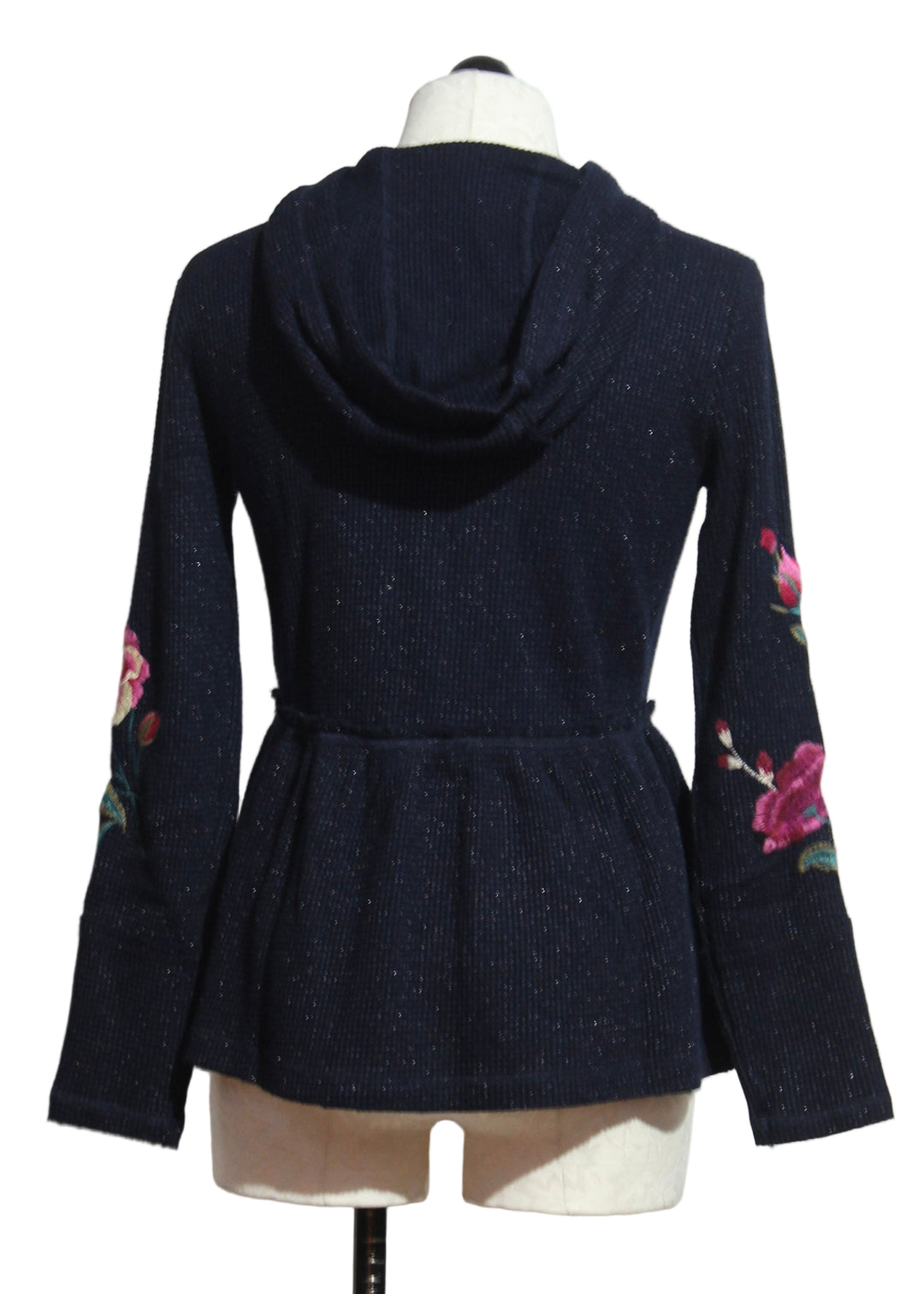 Back view of the Peplum Metallic Navy Thermal Hoodie by Johnny Was 