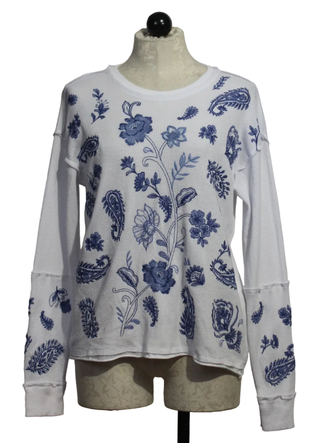 The Patchwork Thermal Top by Johnny Was in White with Blue Floral Embroidery