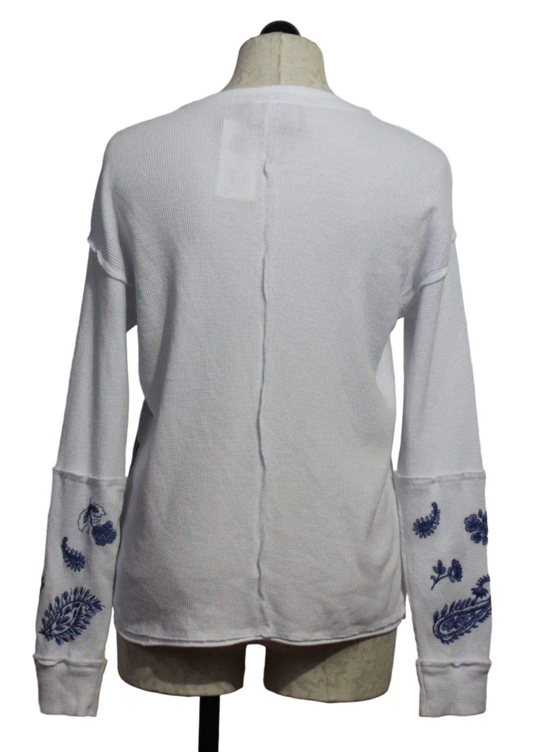 back view of The Patchwork Thermal Top by Johnny Was in White with Blue Floral Embroidery