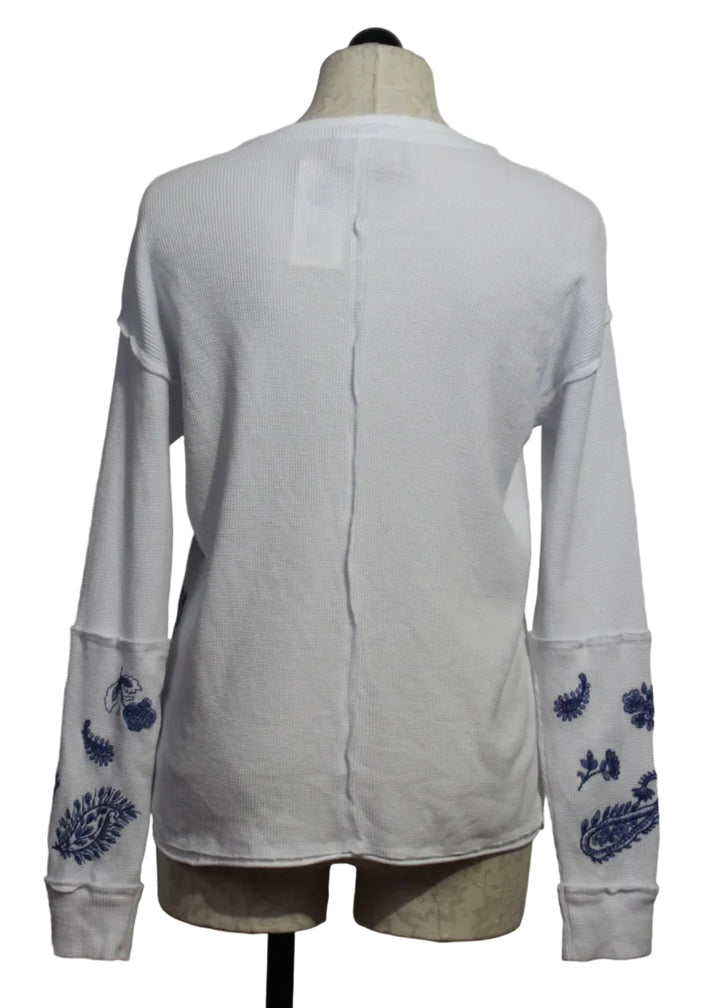 back view of The Patchwork Thermal Top by Johnny Was in White with Blue Floral Embroidery