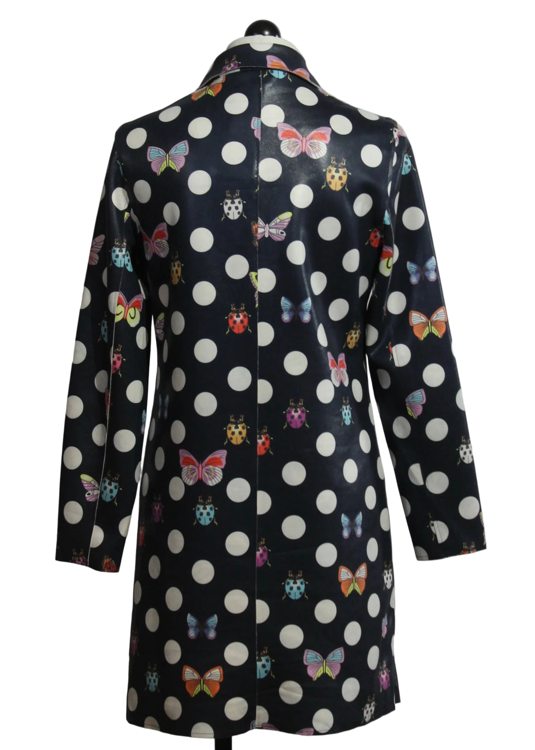 back view of The Polka Dot & Butterfly Print Pleather Jacket by Adore in Black Multi