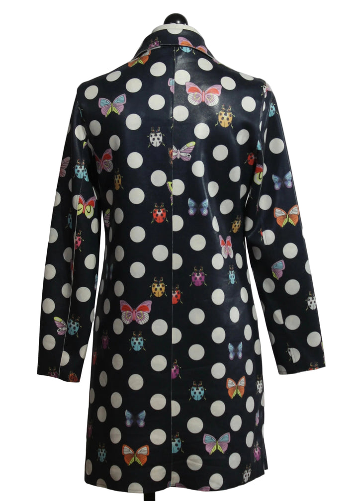 back view of The Polka Dot & Butterfly Print Pleather Jacket by Adore in Black Multi