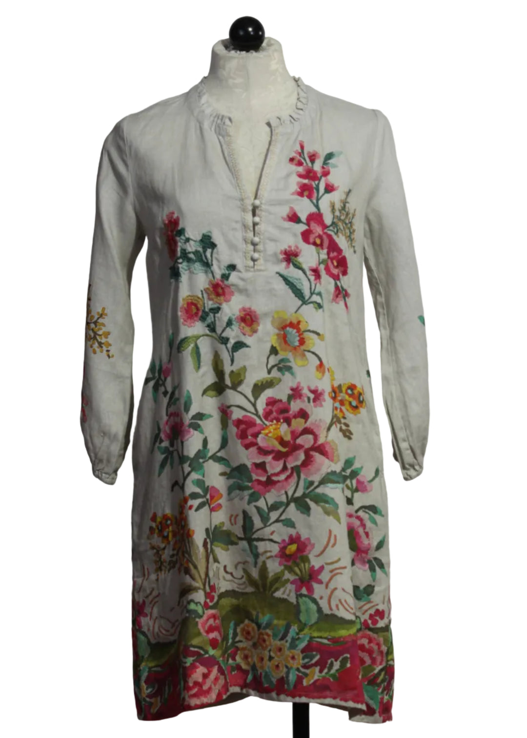 Linen partial Embroidered and Printed Floral Shift Field Dress by Johnny Was 