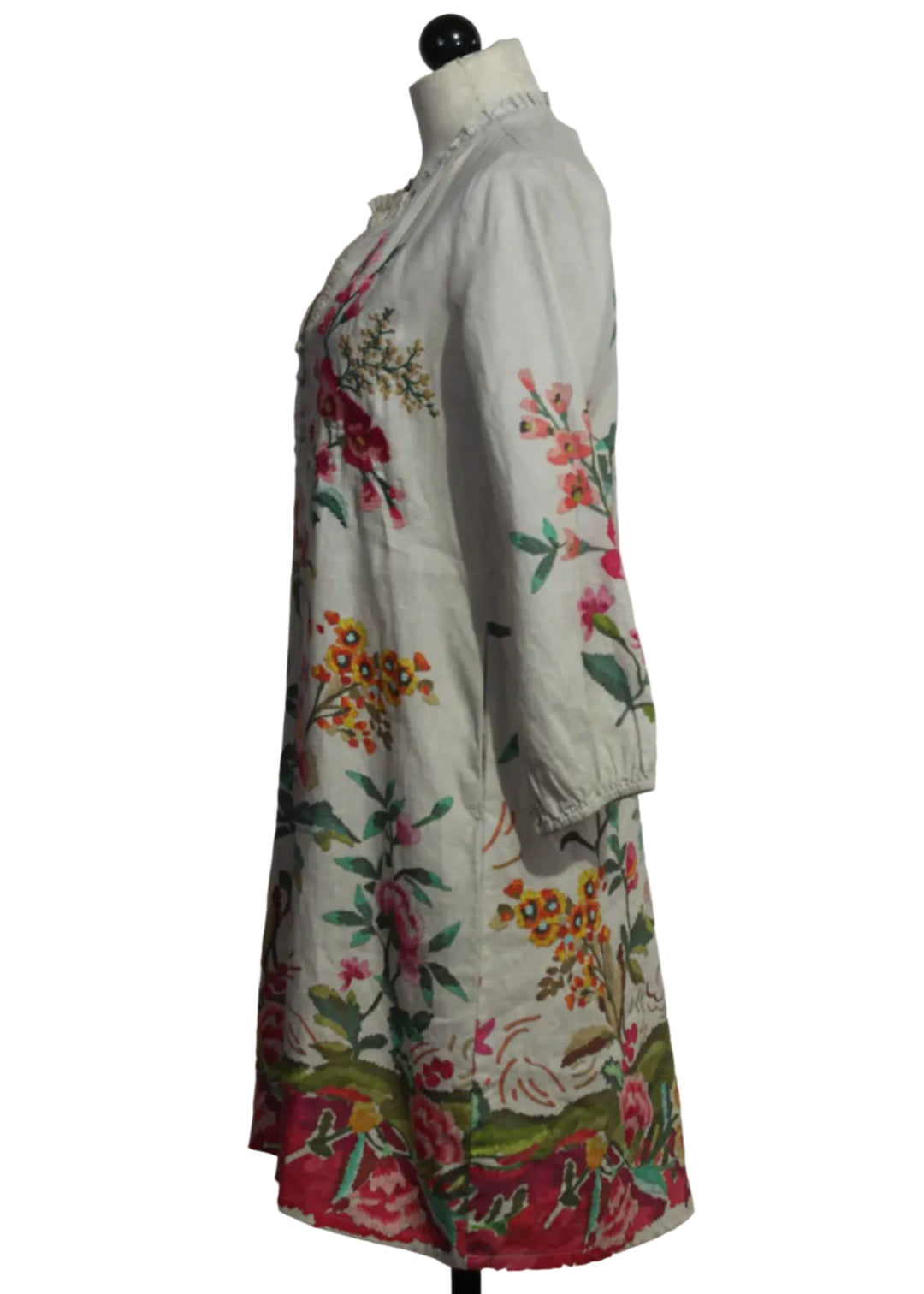 side view of Linen partial Embroidered and Printed Floral Shift Field Dress by Johnny Was 