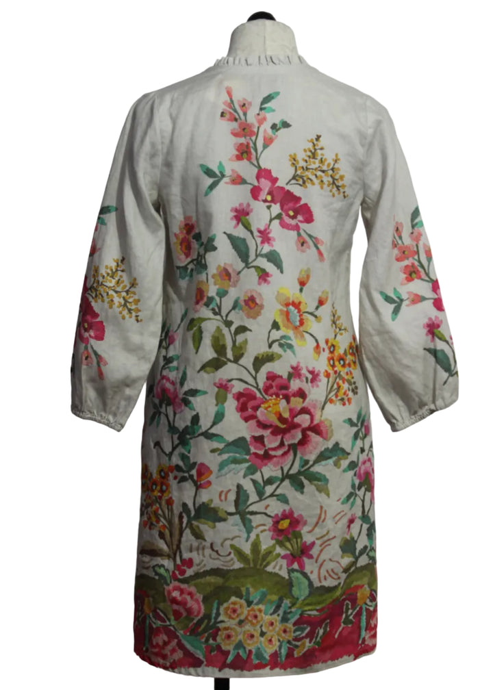 back view of Linen partial Embroidered and Printed Floral Shift Field Dress by Johnny Was 