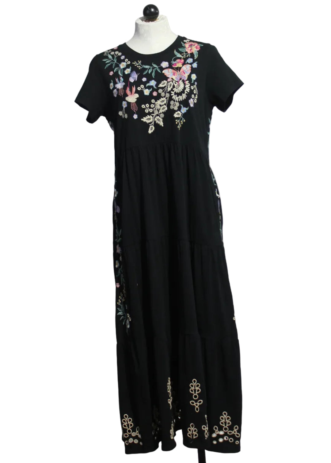 Black Cap Sleeve Knit Eyelet Maxi Dress by Johnny Was 