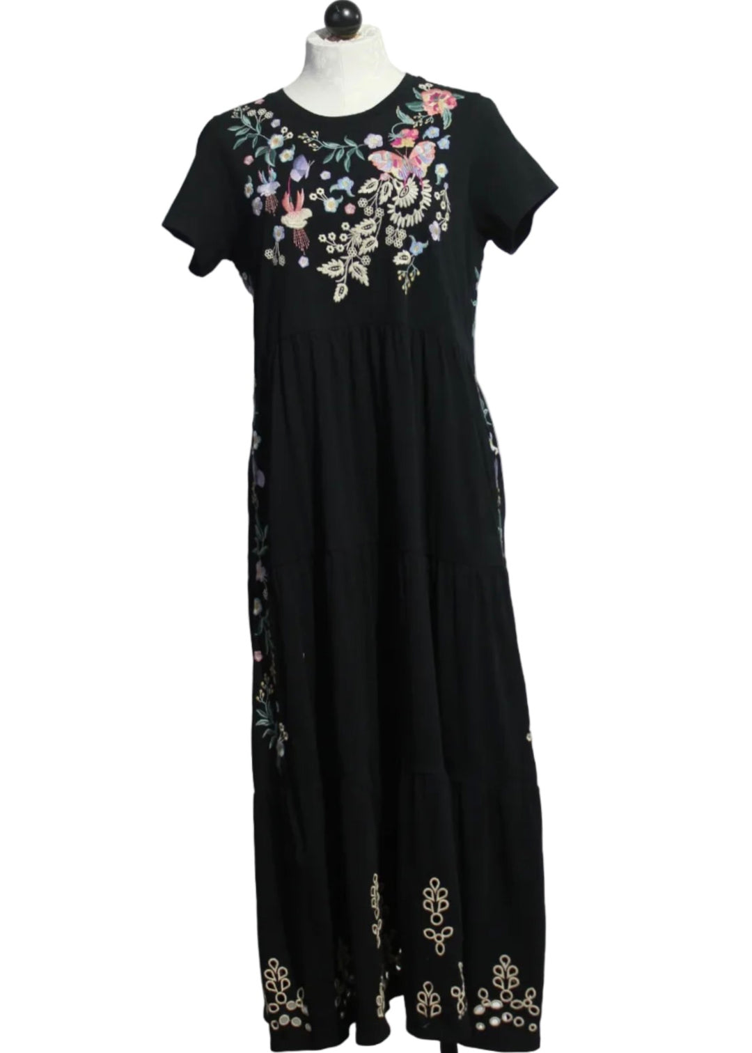 Black Cap Sleeve Knit Eyelet Maxi Dress by Johnny Was 