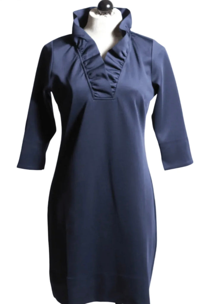 3/4 sleeve solid navy dress has a stand up 2 1/2" ruffled V Neck collar