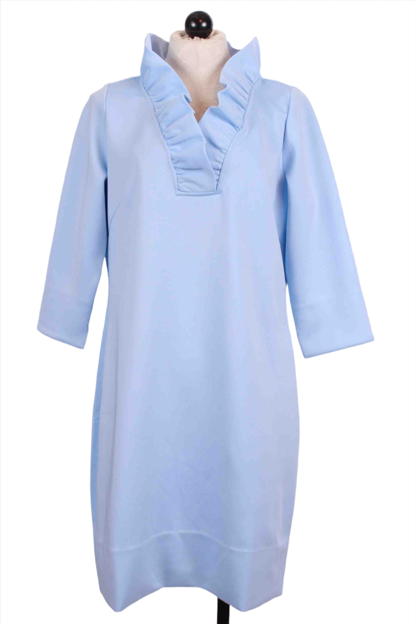 3/4 sleeve solid periwinkle dress has a stand up 2 1/2" ruffled V Neck collar
