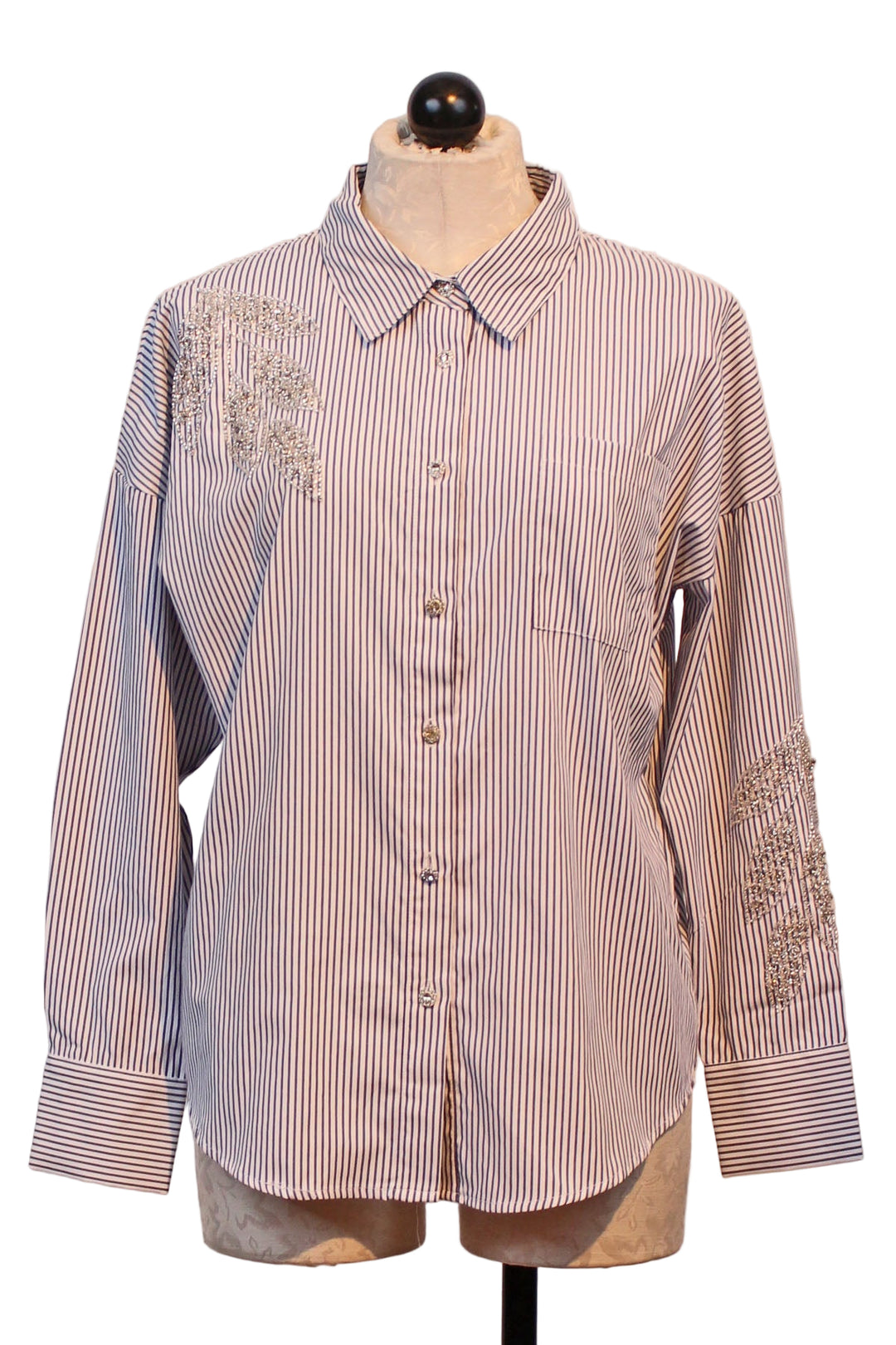 Navy and White Striped Blouse with Beaded Leaves by Leo & Ugo