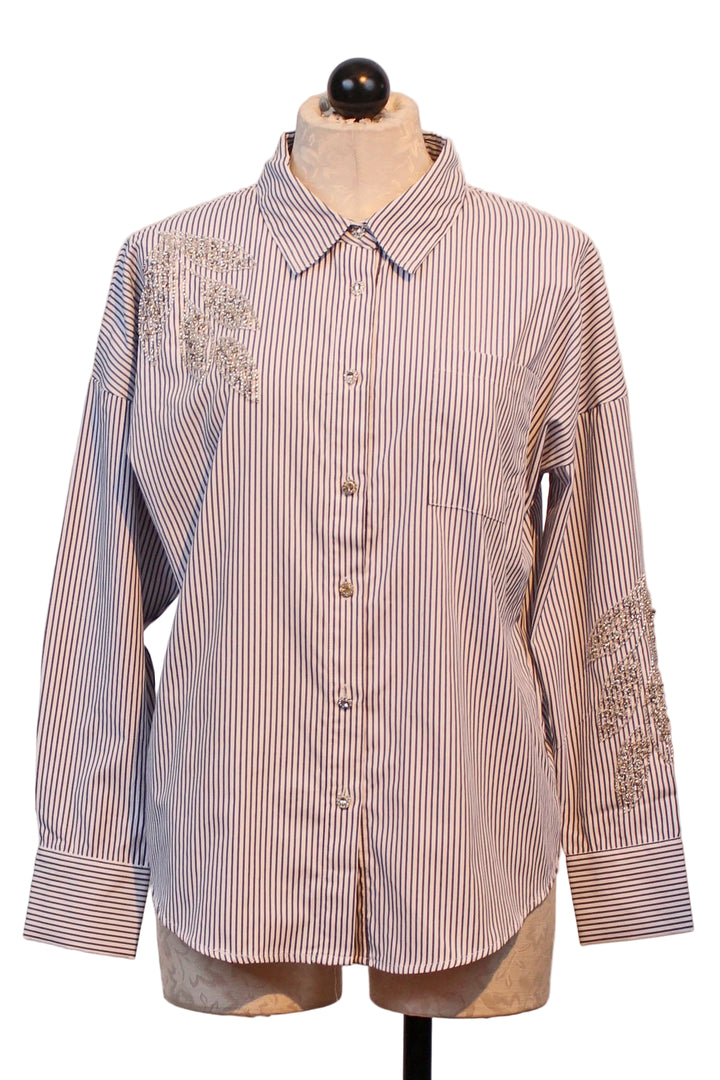 Navy and White Striped Blouse with Beaded Leaves by Leo & Ugo
