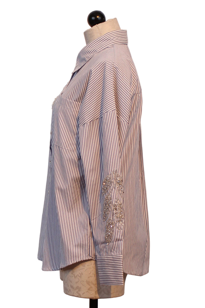 side view of Navy and White Striped Blouse with Beaded Leaves by Leo & Ugo