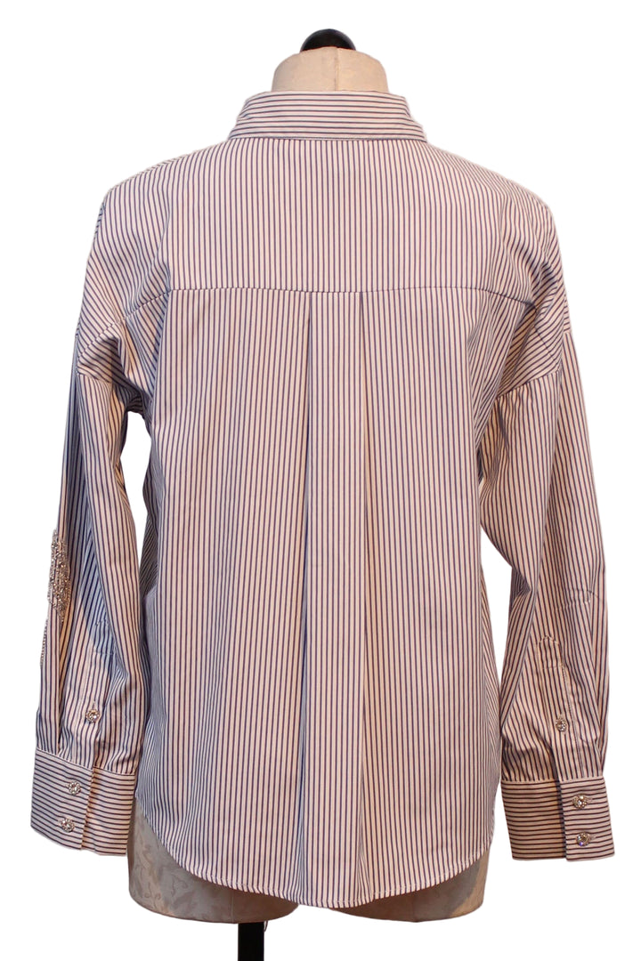 back view of Navy and White Striped Blouse with Beaded Leaves by Leo & Ugo