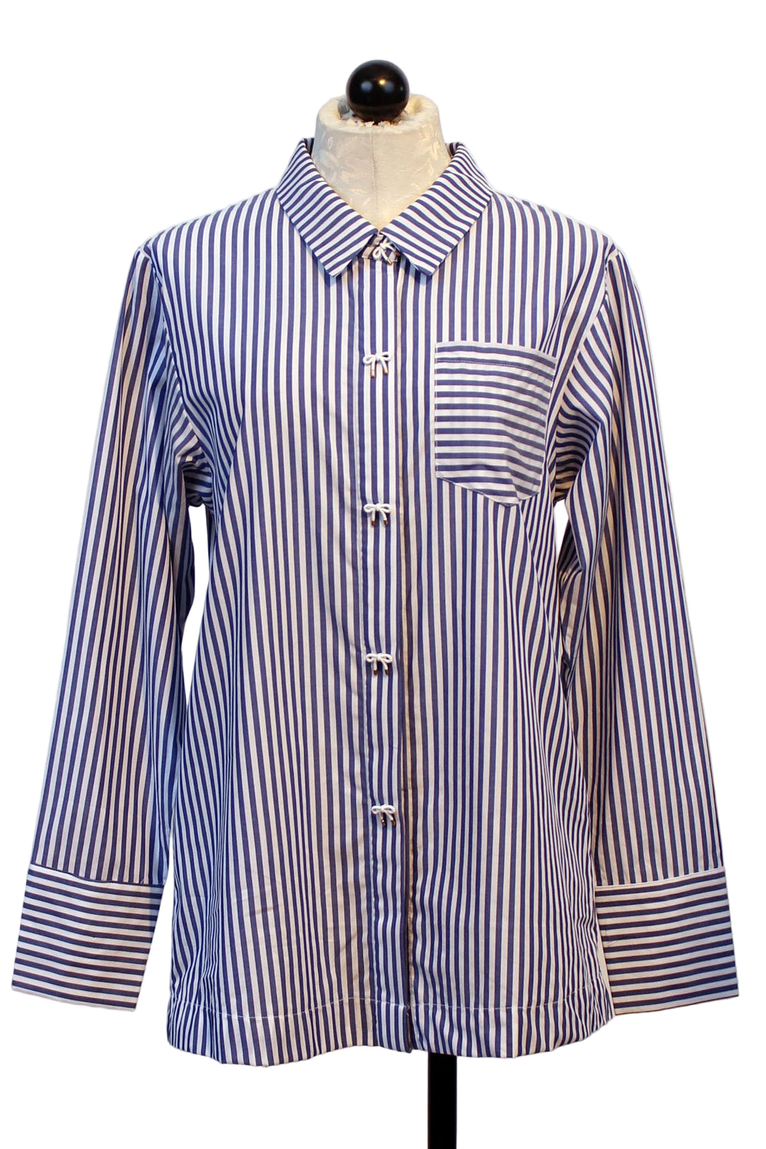 Navy and White Striped Blouse with Bow Buttons by Leo and Ugo