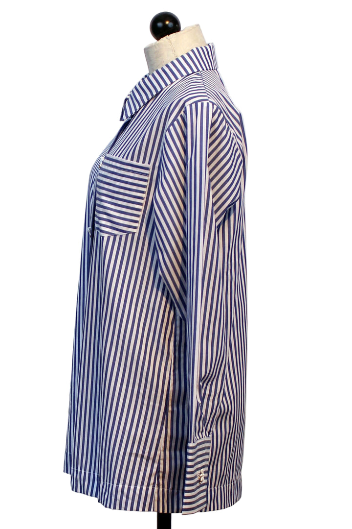 side view of Navy and White Striped Blouse with Bow Buttons by Leo and Ugo