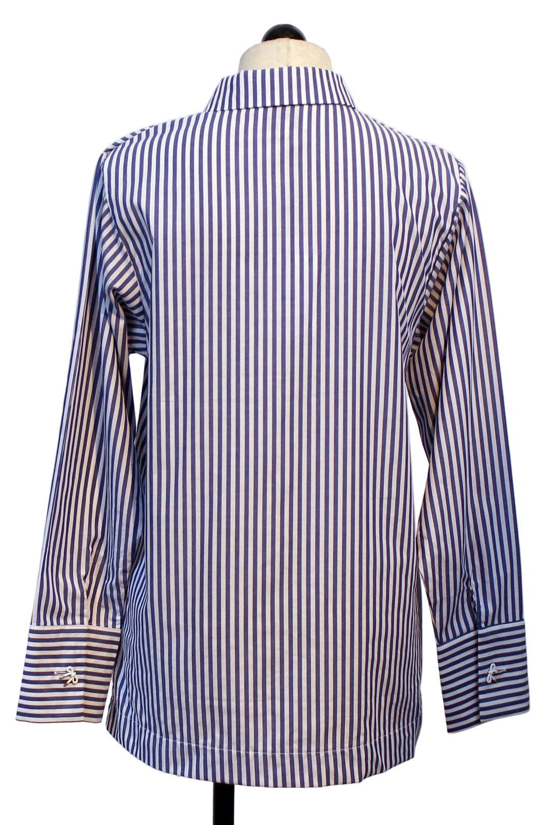 back view of Navy and White Striped Blouse with Bow Buttons by Leo and Ugo