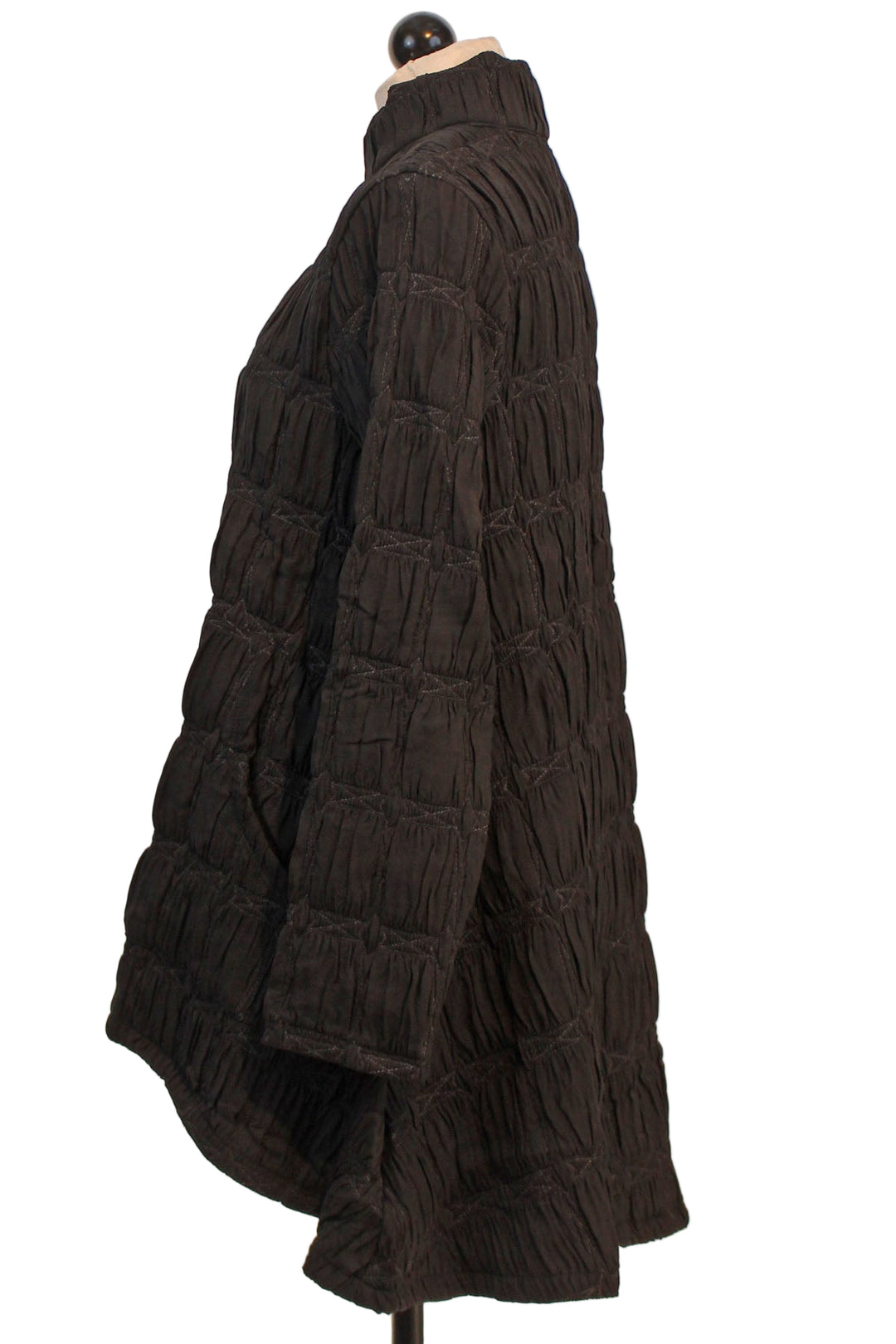 side view of Rue colored Smocked Hi-Lo Jane Jacket by Kozan