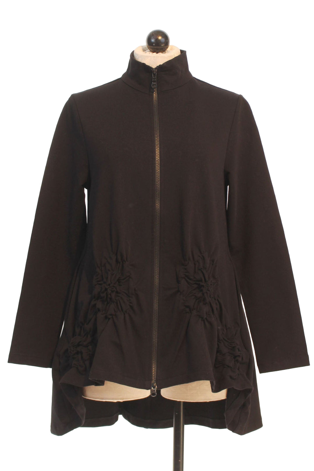 Jenny Zip Front Hi-Lo Jacket by Kozan with ruched rosette-like detail along the front