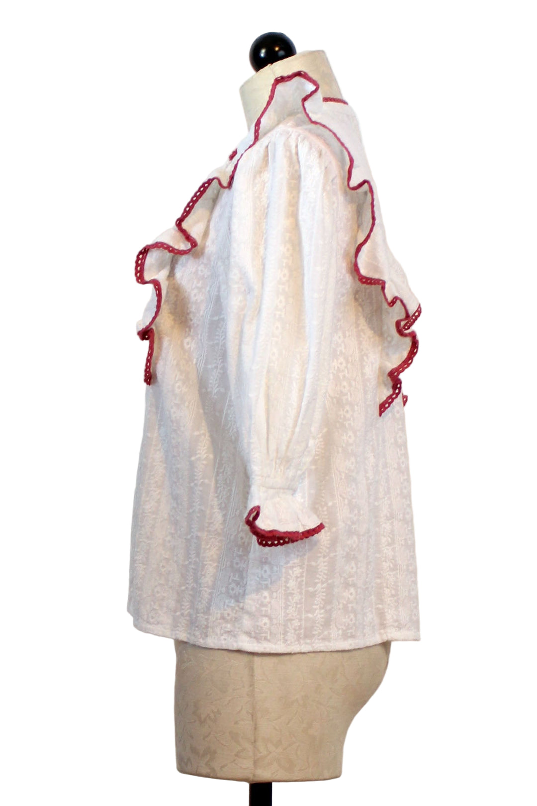 side view of White Ruffled Shoulder Jo Blouse by Sonmer