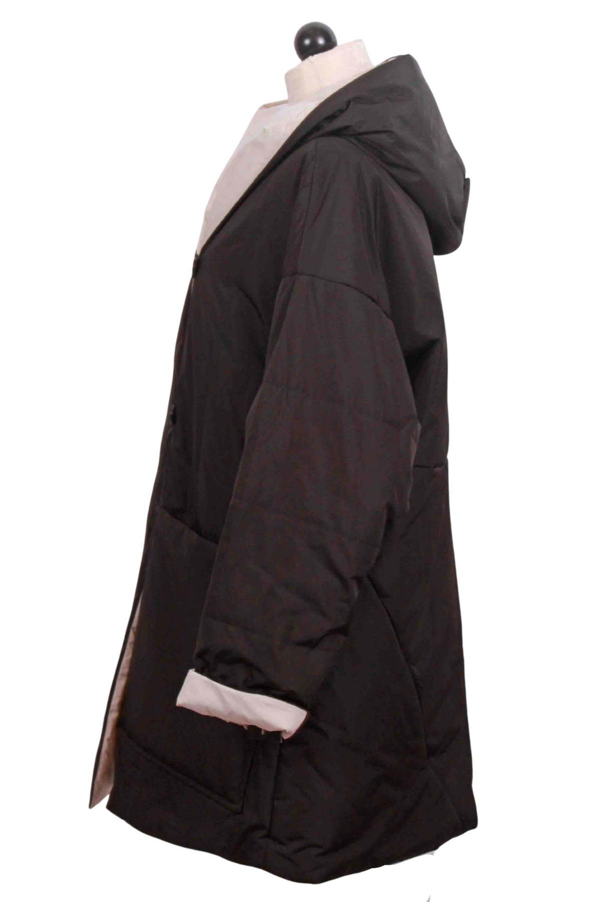 side view of Black/Sand Hooded Reversible Puffy Coat by Nikki Jones
