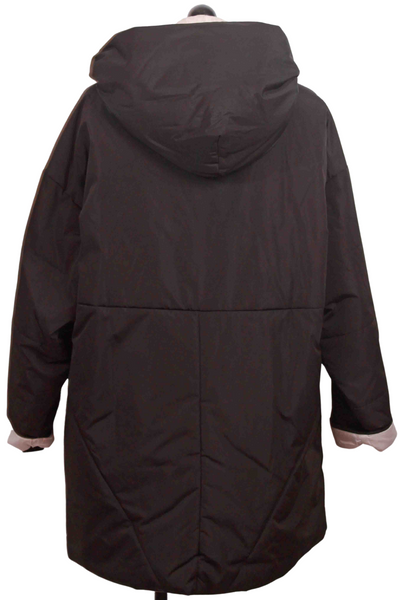 back view of Black/Sand Hooded Reversible Puffy Coat by Nikki Jones