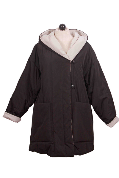 Black/Sand Hooded Reversible Puffy Coat by Nikki Jones