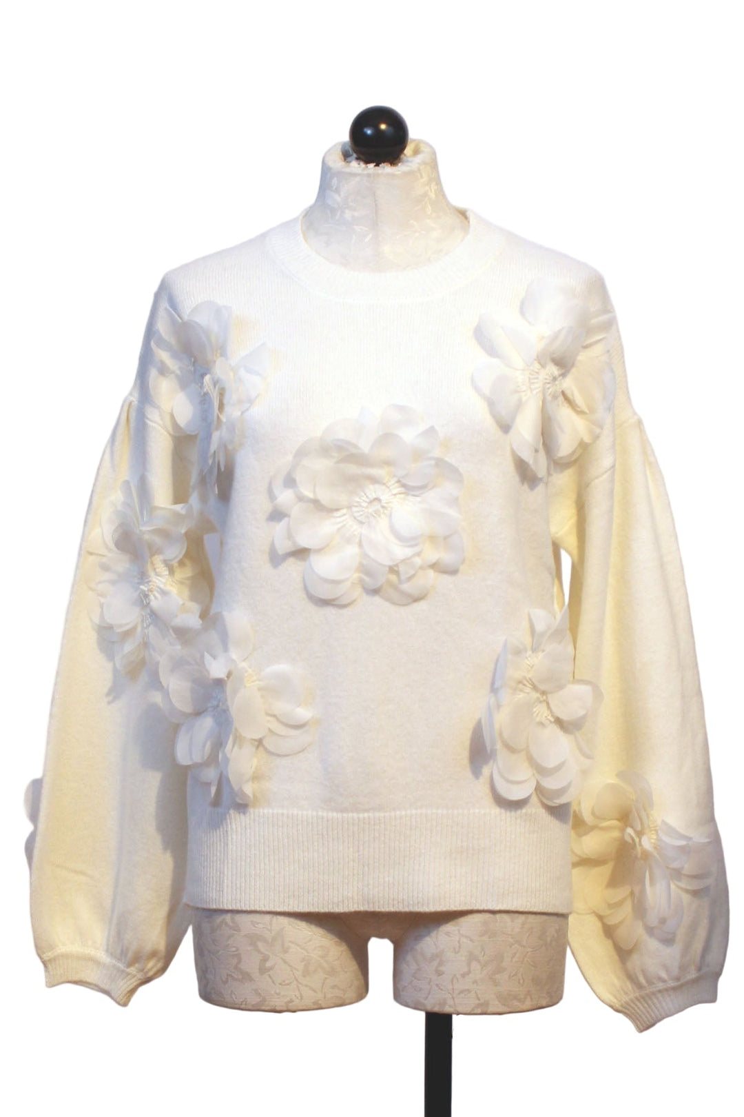 Ivory Round Neck 3D Applique Sweater by Jessie Liu