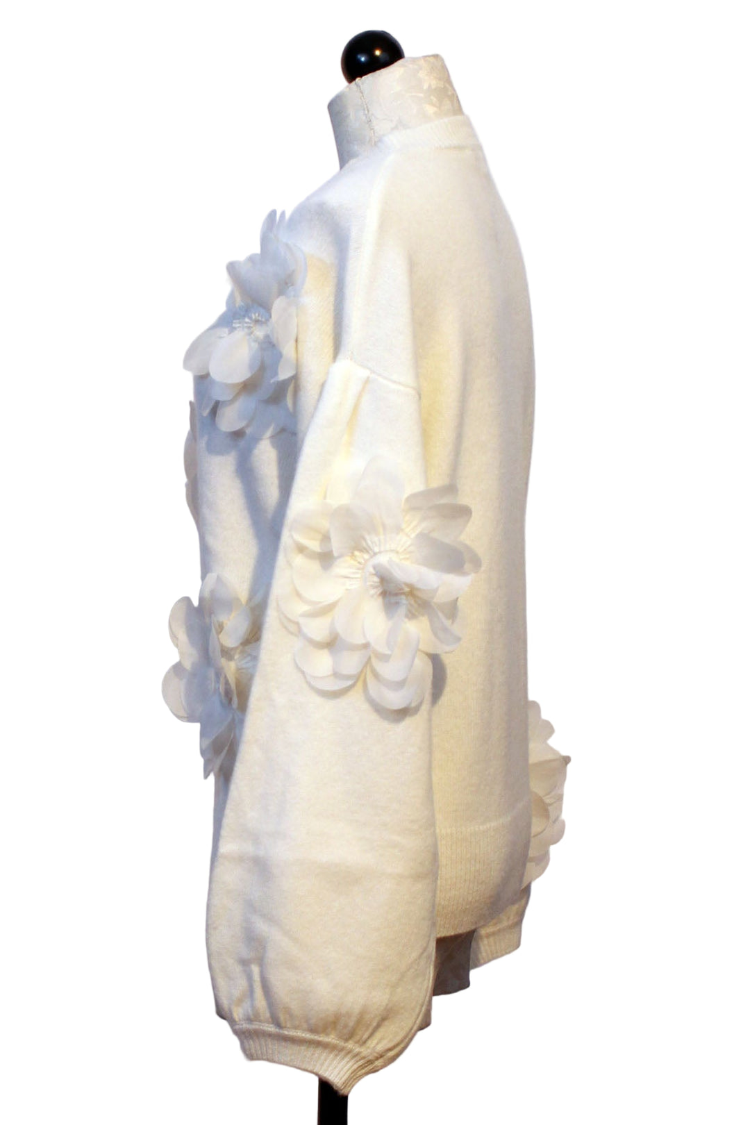 side view of Ivory Round Neck 3D Applique Sweater by Jessie Liu