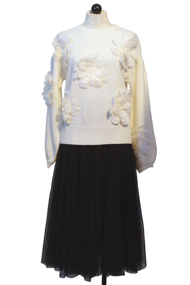 Ivory Round Neck 3D Applique Sweater by Jessie Liu paired with the black Liliana Tulle Skirt by Jesse Liu