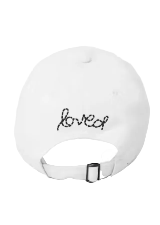 back view of the Baseball Hat Heart Patch White Black by Kerri Rosenthal 