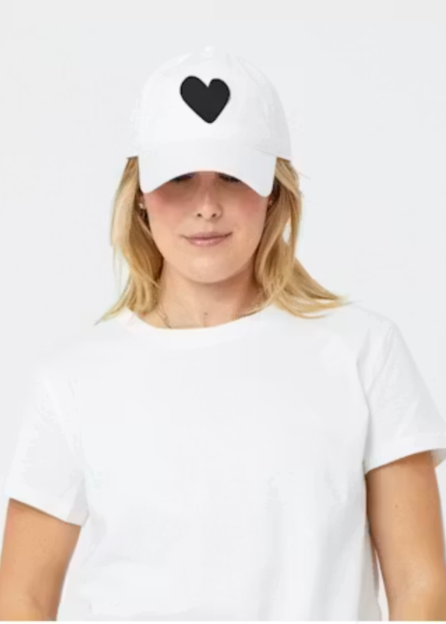 model wearing The Baseball Hat Heart Patch White Black by Kerri Rosenthal  